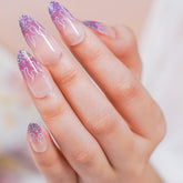 Vibeficant Glaze Purple Ombre Press on Nails Medium Almond French Tip with Glitter